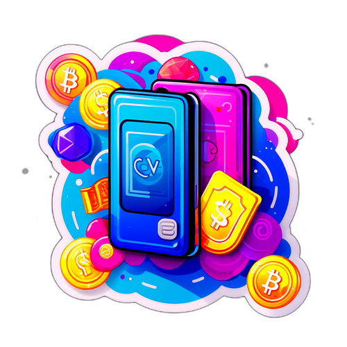 एक रंगीन पृष्ठभूमि के खिलाफ डिजिटल वॉलेट की मजेदार स्टिकर