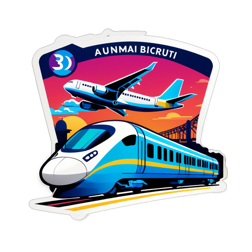 Un sticker vibrant cu un avion mic și un tren, reprezentând Rapid București în competiție cu Afumați