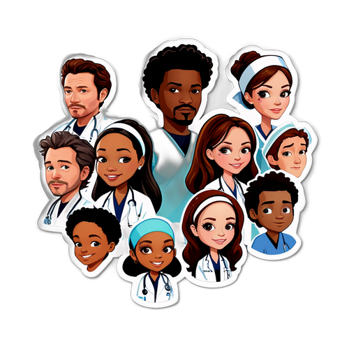 Autocollant des personnages principaux de Grey's Anatomy en caricatures à l'hôpital