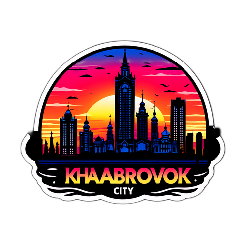 Силуэт яркого города Хабаровска на закате