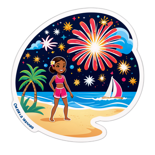 グアムの夜空を彩る花火とビーチを楽しむキャラクターのステッカー