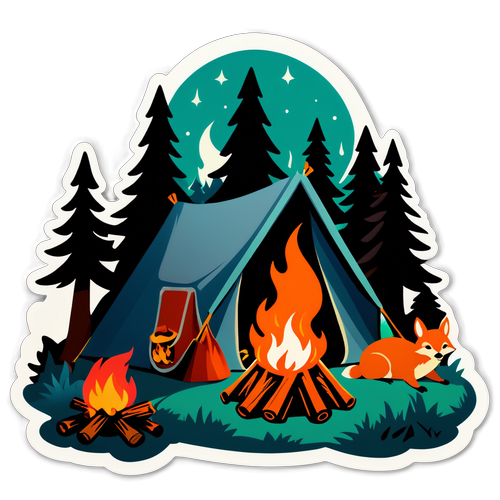 Cozy Camping Scene with Campfire, Tent, and Woodland Creatures Sticker