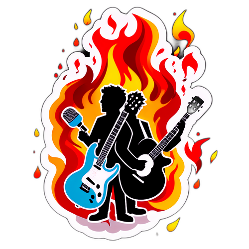 Візуалізація небезпечного музичного дуету з гітарою та мікрофоном на фоні полум'яних нот