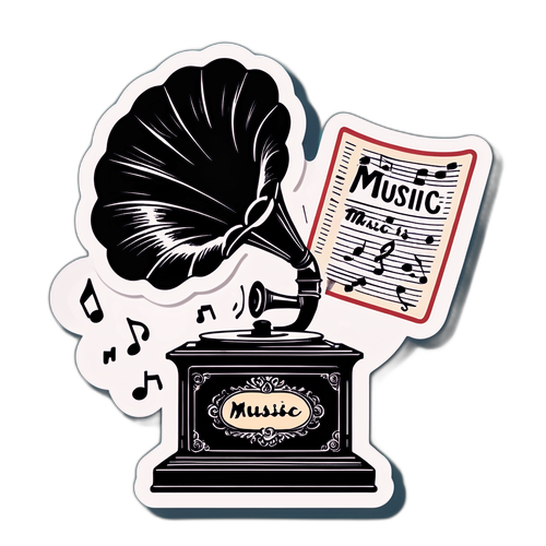 Retro gramofon s notami, slova 'Hudba je život'