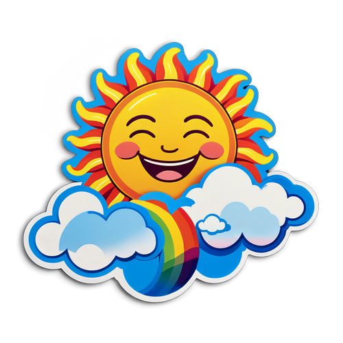 微笑的太陽圍繞著彩虹和雲朵