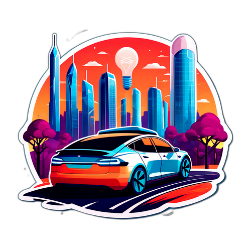 En futuristisk stad med eldrivna Tesla-bilar