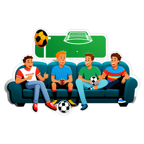Sticker hài hước về việc xem bóng đá với bạn bè trên ghế sofa