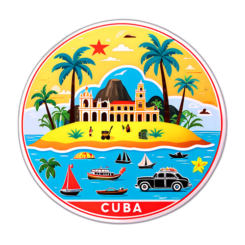 Dibujo de la isla de 'Cuba' con íconos culturales y elementos de la vida diaria