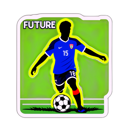 Sticker van een voetbalveld met een silhouet van Ludovit Reis die scoort, met de woorden 'Future Star'