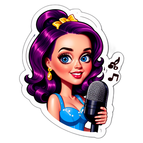Een leuke karikatuur van Katy Perry met haar kenmerkende haarstijl en een microfoon