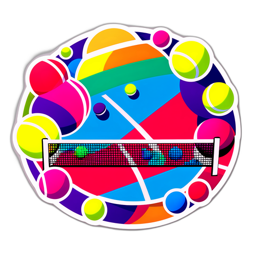 Ein künstlerisches Design eines Tennisplatzes mit bunten Bällen zu Ehren von Jannik Sinner