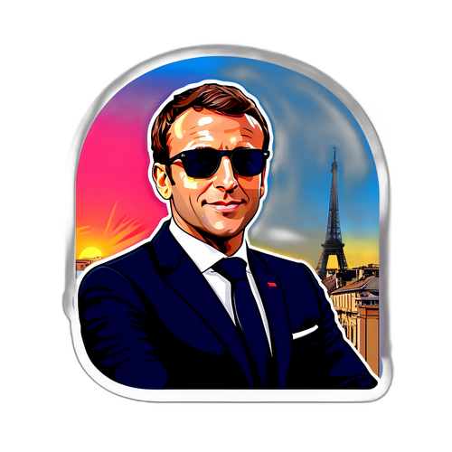 Een sticker van Emmanuel Macron met zonnebril, genietend van een zonsondergang in een Franse stad