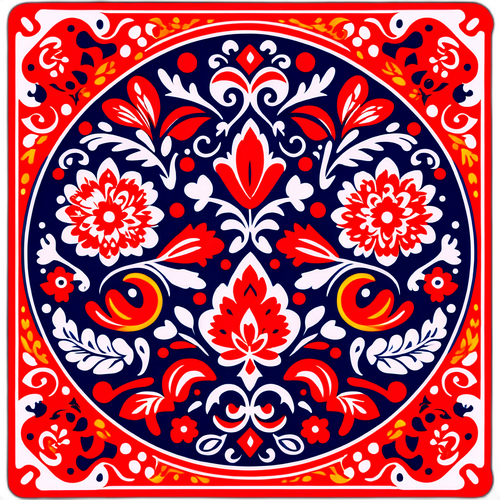 Стикер с Пелагеей на фоне стилизованных русских народных узоров