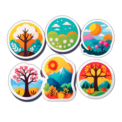 四季の美しさを表現したカラフルなステッカー