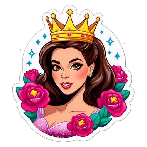 Sticker de la couronne d'Iris Mittenaere entourée de roses et de paillettes