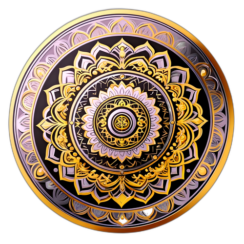 संपत्ति और समृद्धि के प्रतीक के रूप में स्वर्ण और चांदी के मोटिफ समाहित जटिल मंडला डिज़ाइन