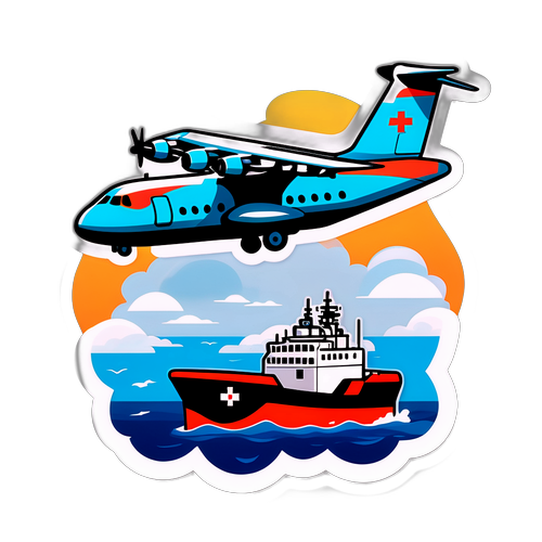 Faltbarer Aufkleber: Verwundbares Transportflugzeug und Rettungsteam