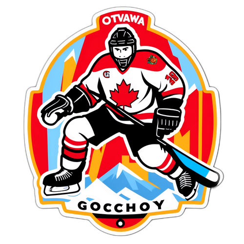 Стикер с ярким фоном, изображающий хоккейный матч между Оттавой и Эдмонтоном, с текстом 'Входите в хоккей!'