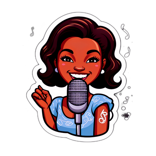 Kartongklistermärke av en leende kvinna med mikrofon