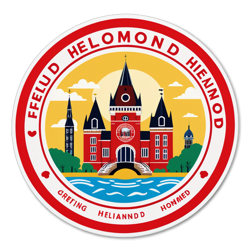 Sticker van de stadzegel van Helmond met een vrolijke slogan