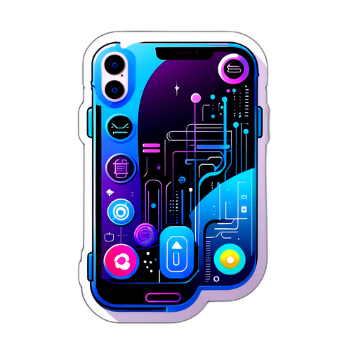 Autocollant futuriste avec éléments technologiques autour de l'iPhone