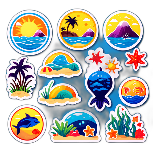 부산 해변과 해양 생물 여름 테마 스티커