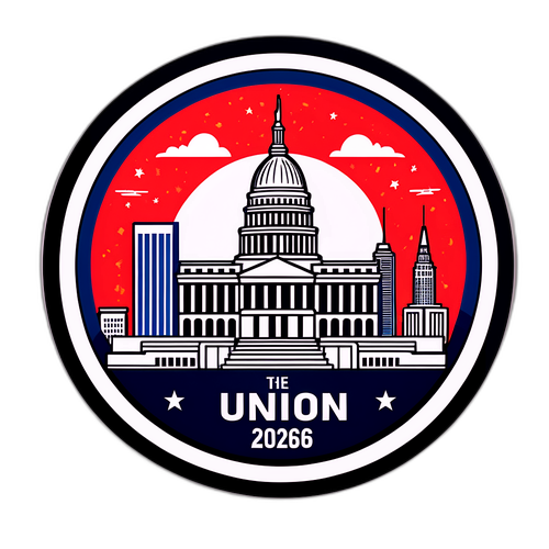 Illustratie van een podium met de skyline van een grote stad voor de State of the Union 2026