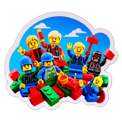 Kleurige Lego-figuren die een epische filmscène naspelen