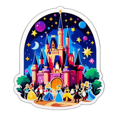 Sticker w stylu fantastycznym z postaciami Disneya wokół zamku
