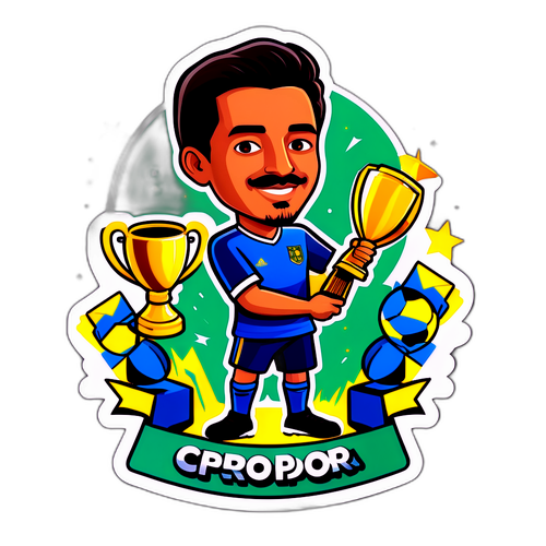 Stylizowany sticker przedstawiający Pedro Porro otoczonego trofeami piłkarskimi jako symbol sukcesu