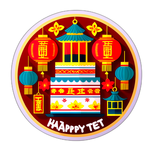 Sticker cảm hứng từ văn hóa Tết với hình ảnh đèn lồng và bánh Tết, chữ 'Chúc Mừng Tết!'