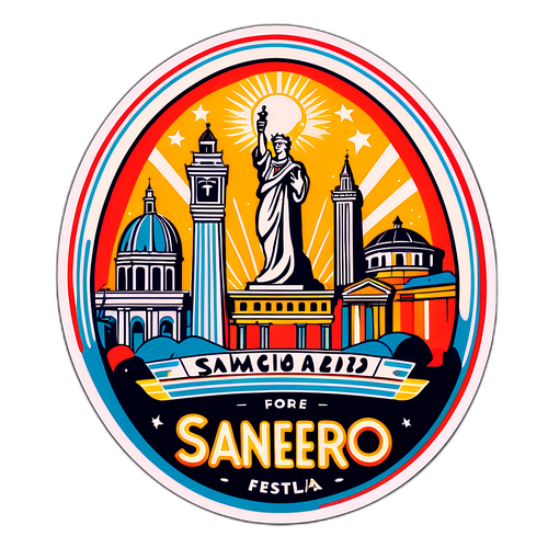 Design di un adesivo in stile retro con elementi iconici del festival di Sanremo