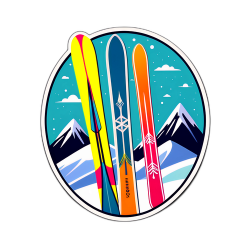 Etichetă cu schiuri retro colorate și un fundal scandinav