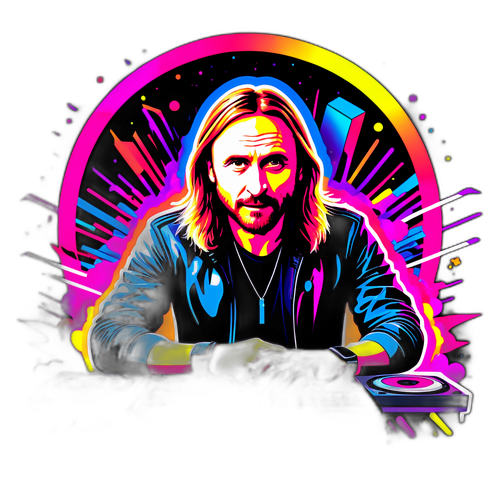 David Guetta med ljudvågor och DJ-utrustning i neonfärger
