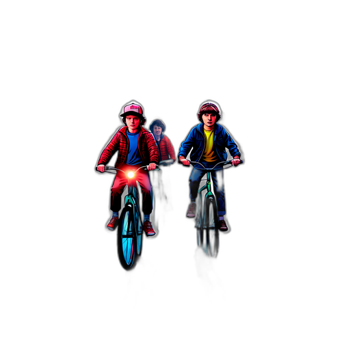 Sticker ya Kukumbuka ya Wahusika wa Stranger Things wakipanda baiskeli kupitia msitu wenye mvutano