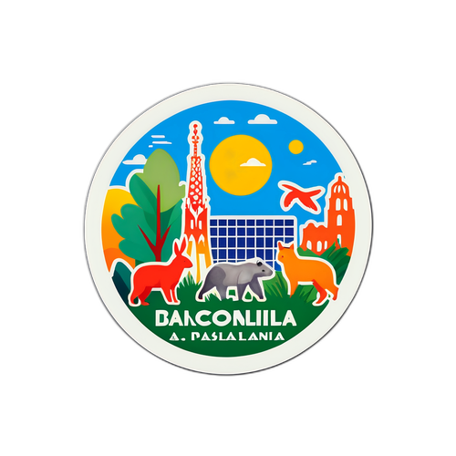 Nálepka propagující ekologii s ilustracemi zvířat a rostlin v Barceloně