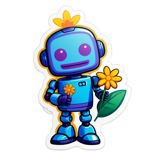 Friendly Smiling Robot Holding a Flower Sticker