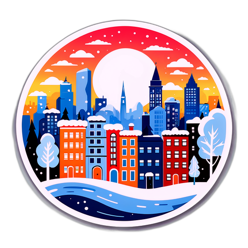 Стильна наліпка, що зображає зимній ранок у великому місті