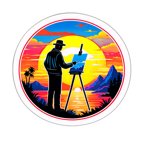 Een sticker van een kunstenaar die een prachtig landschap schildert met een zonsondergang