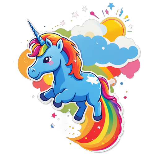 A flying unicorn, sprinkling rainbow from its tail, with a few white clouds in the blue sky