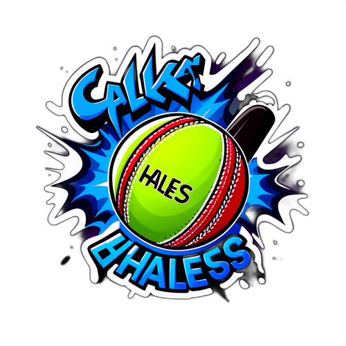 क्रिकेट बॉल और बैट के साथ "Alex Hales" का स्टिकर डिजाइन