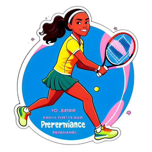 Illustrasyon ni Leylah Fernandez na nasa dynamic na pose sa tennis kasama ang inspirational quote tungkol sa pagtitiyaga at sipag
