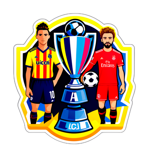Thiết kế nhãn dán cho UCL với logo của giải đấu và những cầu thủ nổi tiếng trong các trang phục đội bóng