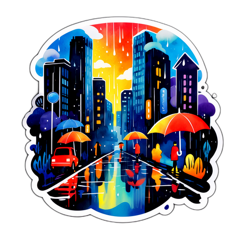 Pelukisan Akrilik Pemandangan Bandarayang Hujan