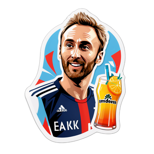 Portret Christiana Eriksena w dynamicznej akcji z reklamą orzeźwiającego napoju