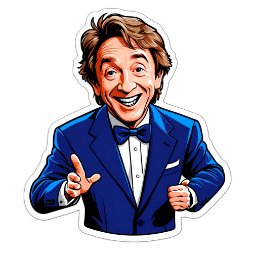 Σχέδιο του Μάρτιν Σορτ σε κωμική πόζα μπροστά σε ένα θέατρο