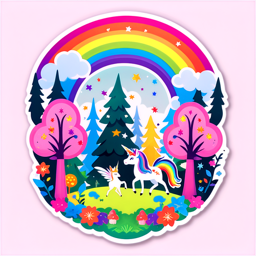 Magical Forest Scene with Fairies and Unicorn Sticker