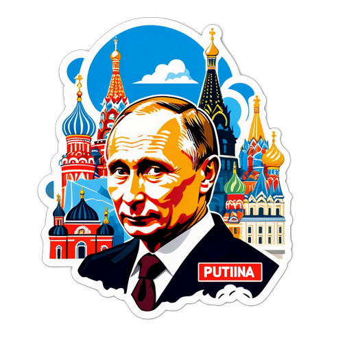 Stylisierte Darstellung von Wladimir Putin umgeben von berühmten Wahrzeichen Russlands