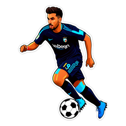 Ett färgglatt klistermärke av Dani Rodríguez som dribblar en fotboll