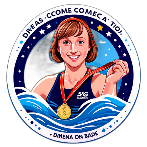 Ilustrace Katie Ledecky jako plavkyně s medailí